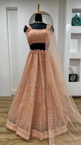 Trendy Peach Net Rainbow Work Lehenga Choli