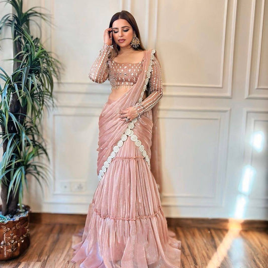 Stylish Pink Organza Thread Work Lehenga Saree