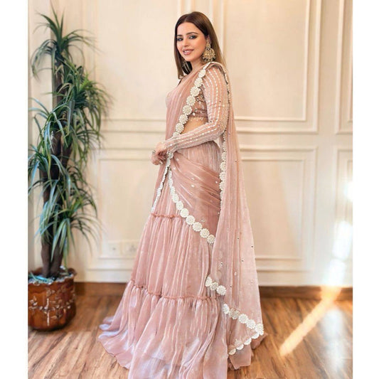 Stylish Pink Organza Thread Work Lehenga Saree