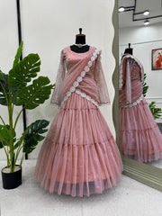 Stylish Pink Organza Thread Work Lehenga Saree