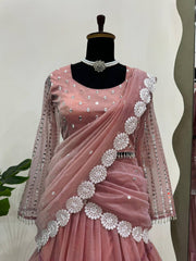 Stylish Pink Organza Thread Work Lehenga Saree