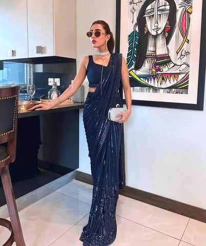 Lovely Navy Blue Georgette Thread Work Saree