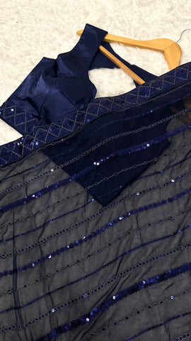 Lovely Navy Blue Georgette Thread Work Saree