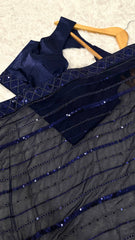 Lovely Navy Blue Georgette Thread Work Saree