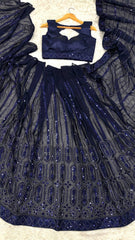 Lovely Navy Blue Georgette Thread Work Saree