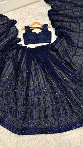 Lovely Navy Blue Georgette Thread Work Saree
