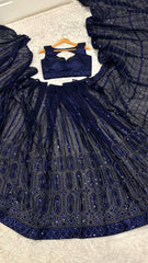 Lovely Navy Blue Georgette Thread Work Saree