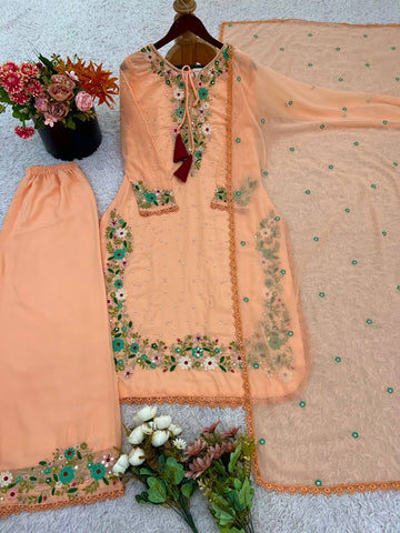 Alluring Peach Georgette Sequence Work Punjabi Suit