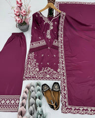 Gorgeous Maroon Crepe Embroidery Palazzo Suit