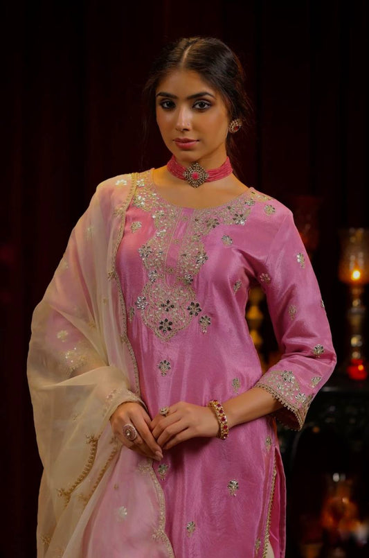 Marvelous Pink Chinon Silk Sequence Work Palazzo Suit