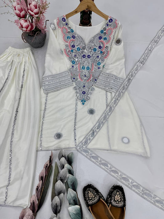 Ravishing White Creap Sequence Work Sharara Suit
