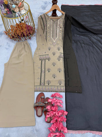 Beige Georgette Sequence Work Straight Kurti With Palazzo Set