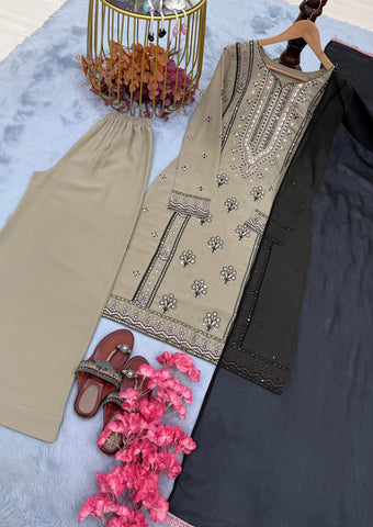 Beige Georgette Sequence Work Straight Kurti With Palazzo Set