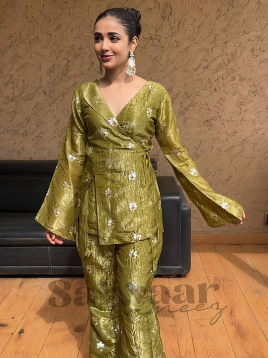 Lovely Olive Green Jimmy Choo Sequence Work Palazzo Suit