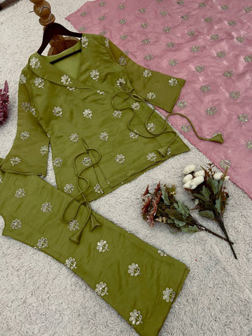 Lovely Olive Green Jimmy Choo Sequence Work Palazzo Suit