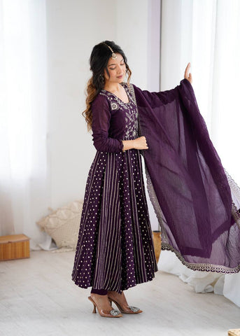 Designer Wine Silk Embroidery Work Gown