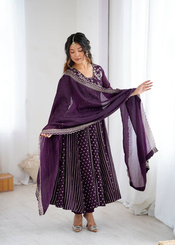 Designer Wine Silk Embroidery Work Gown