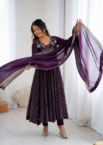Designer Wine Silk Embroidery Work Gown