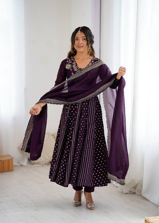 Designer Wine Silk Embroidery Work Gown