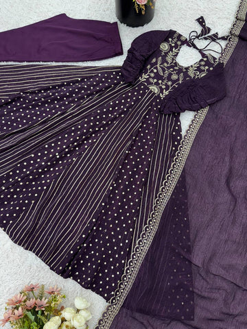 Designer Wine Silk Embroidery Work Gown