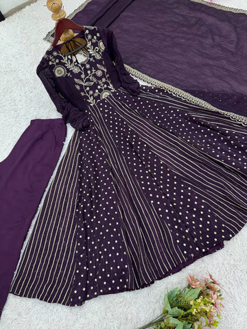 Designer Wine Silk Embroidery Work Gown