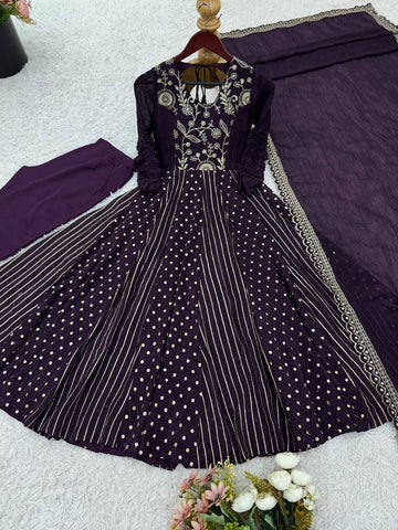 Designer Wine Silk Embroidery Work Gown