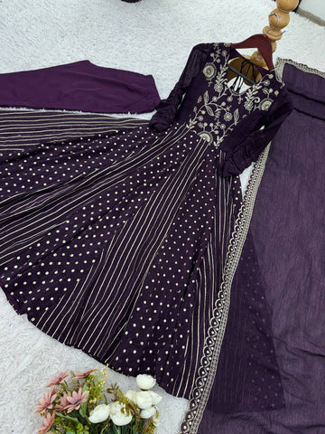Designer Wine Silk Embroidery Work Gown