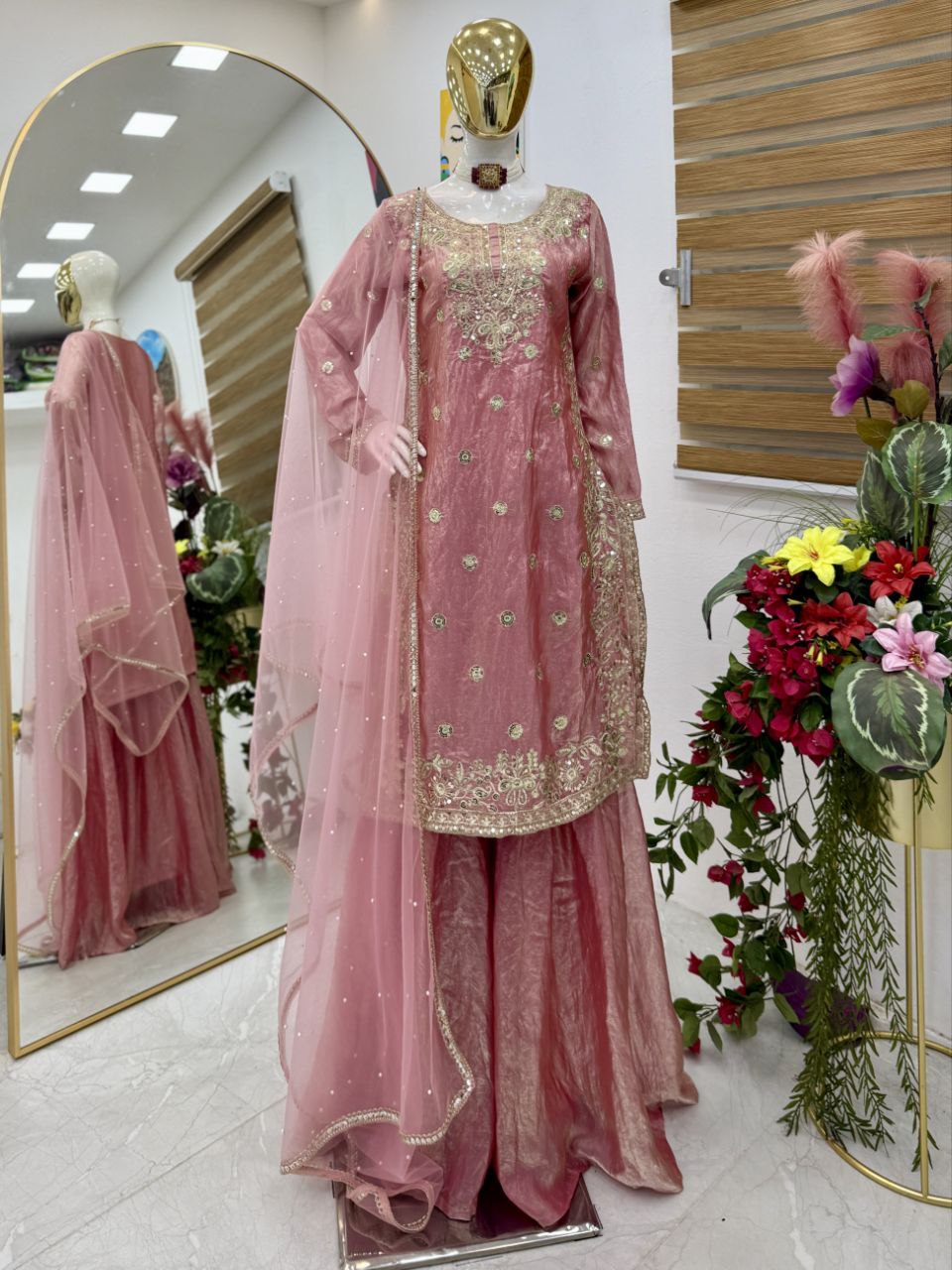 Exclusive Pink Fandy Crash Embroidery Work Sharara Suit