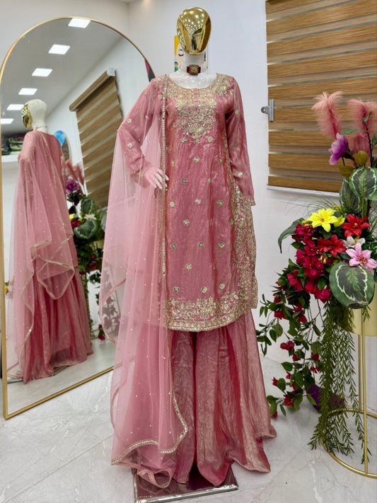 Exclusive Pink Fandy Crash Embroidery Work Sharara Suit