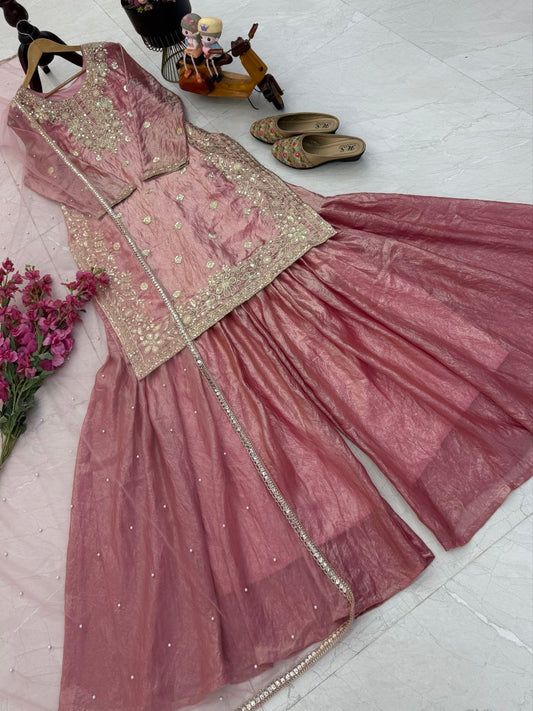 Exclusive Pink Fandy Crash Embroidery Work Sharara Suit