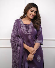 Designer Purple Muslin Digital Print Straight Salwar Suit