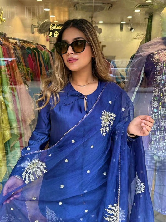 Designer Blue Crepe Silk Sequence Work Palazzo Suit