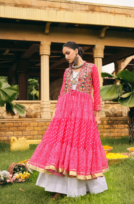 Gorgeous Pink Cotton Embroidery Shrug With Lehenga