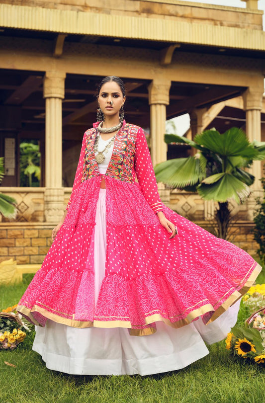 Gorgeous Pink Cotton Embroidery Shrug With Lehenga