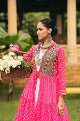 Gorgeous Pink Cotton Embroidery Shrug With Lehenga