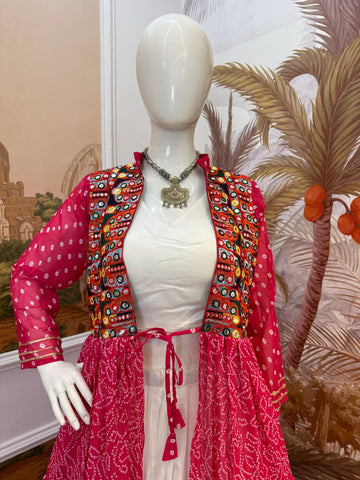 Gorgeous Pink Cotton Embroidery Shrug With Lehenga