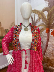 Gorgeous Pink Cotton Embroidery Shrug With Lehenga