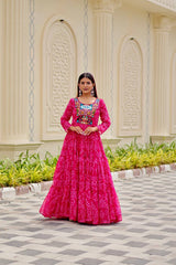 Navratri Festival Glorious Orange Georgette Gamthi Work Gown