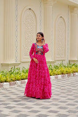 Navratri Festival Glorious Orange Georgette Gamthi Work Gown