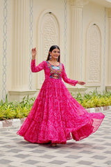 Navratri Festival Glorious Orange Georgette Gamthi Work Gown