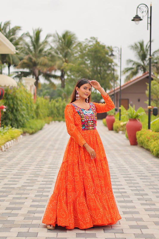 Navratri Festival Glorious Orange Georgette Gamthi Work Gown