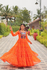 Navratri Festival Glorious Orange Georgette Gamthi Work Gown