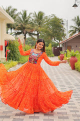 Navratri Festival Glorious Orange Georgette Gamthi Work Gown