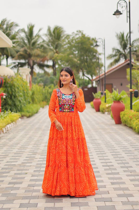 Navratri Festival Glorious Orange Georgette Gamthi Work Gown