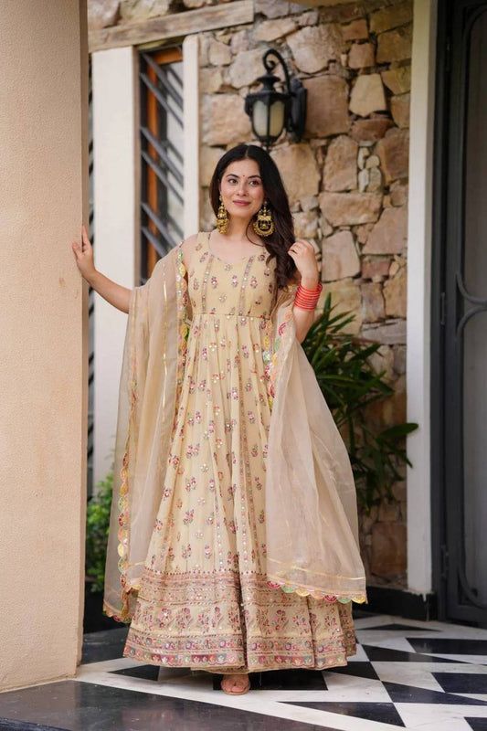 Gorgeous Peach Georgette Thread Work Gown