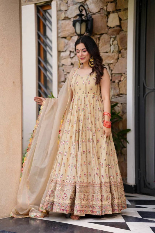 Gorgeous Peach Georgette Thread Work Gown