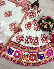 Precious White Satin Silk Mirror Work Gown