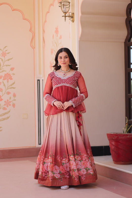 Designer Red Chiffon Beads Embroidered Top With Lehenga