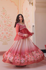 Designer Red Chiffon Beads Embroidered Top With Lehenga