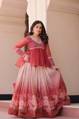 Designer Red Chiffon Beads Embroidered Top With Lehenga